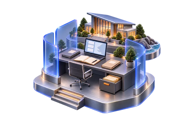 Conceptual private workspace protected by glass, with civic institutions beyond it.