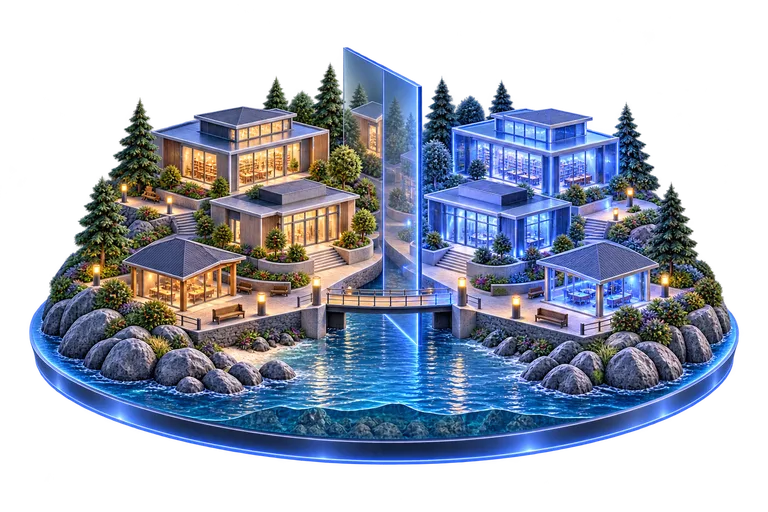 Conceptual civic district beside its blue mirrored counterpart, connected across a coastal landscape.